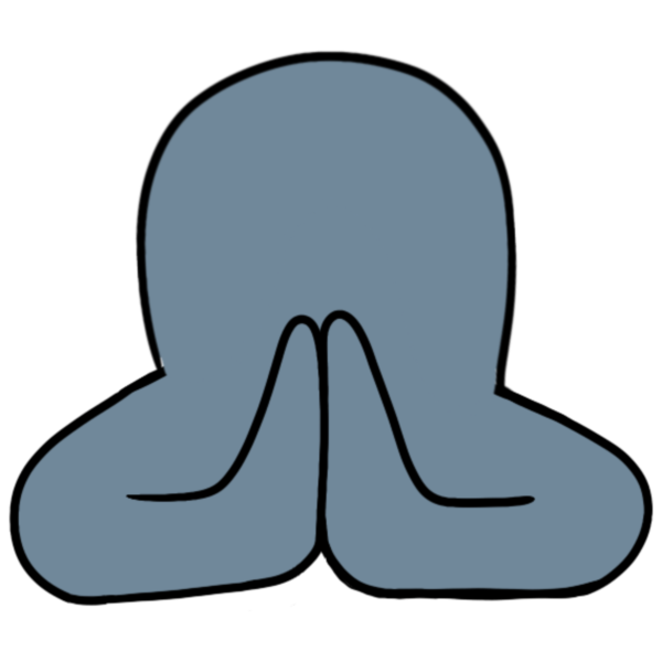 a blue lump with arm like blobs extending below it that turn to the center and up, resembling hands with their palms together.
